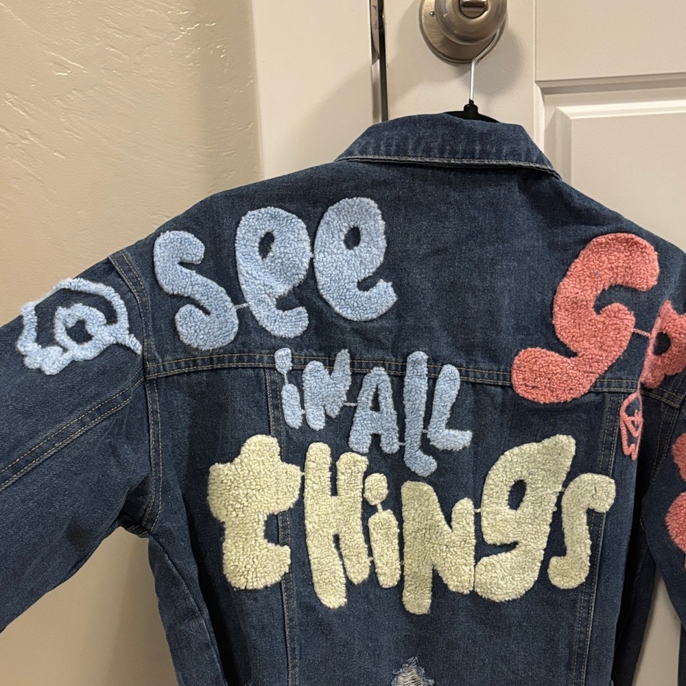Handmade Embroidered Denim Jacket - Blue with Pastel Puff Text - Picture 7 of 7